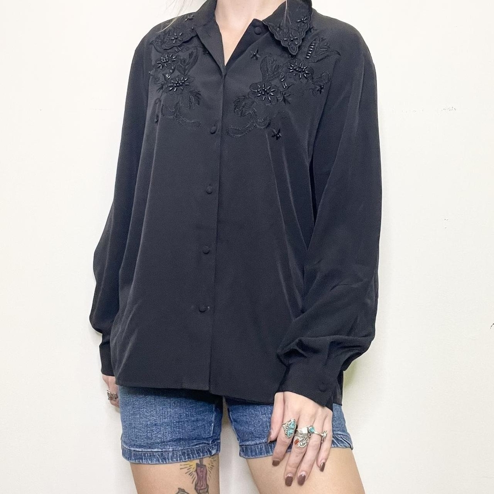 Vintage 1990s black button up with floral embroidery